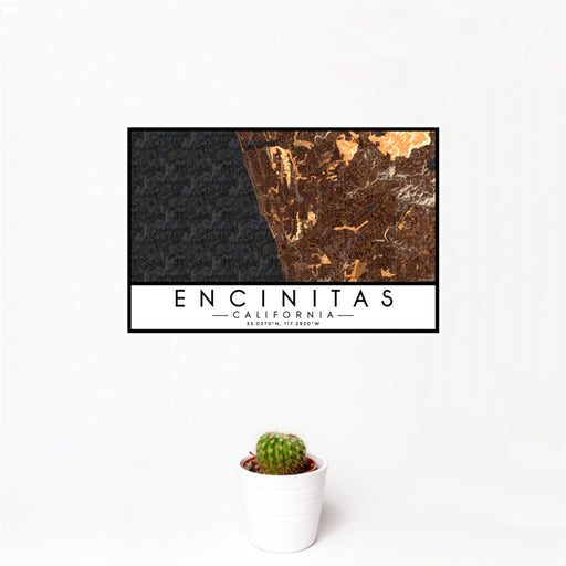 12x18 Encinitas California Map Print Landscape Orientation in Ember Style With Small Cactus Plant in White Planter