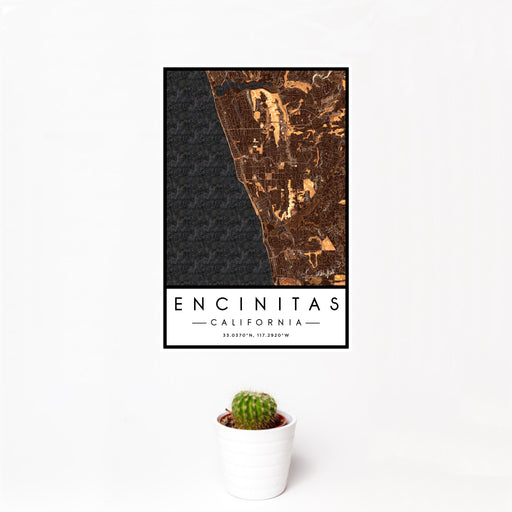 12x18 Encinitas California Map Print Portrait Orientation in Ember Style With Small Cactus Plant in White Planter