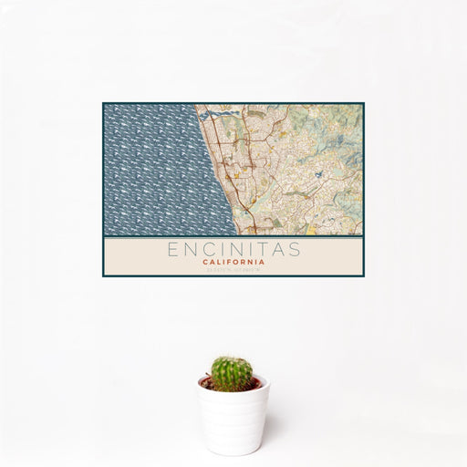 12x18 Encinitas California Map Print Landscape Orientation in Woodblock Style With Small Cactus Plant in White Planter