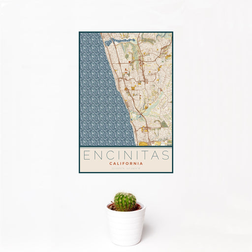 12x18 Encinitas California Map Print Portrait Orientation in Woodblock Style With Small Cactus Plant in White Planter