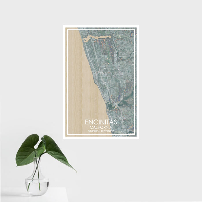 16x24 Encinitas California Map Print Portrait Orientation in Afternoon Style With Tropical Plant Leaves in Water