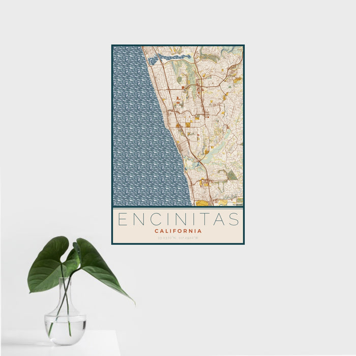 16x24 Encinitas California Map Print Portrait Orientation in Woodblock Style With Tropical Plant Leaves in Water