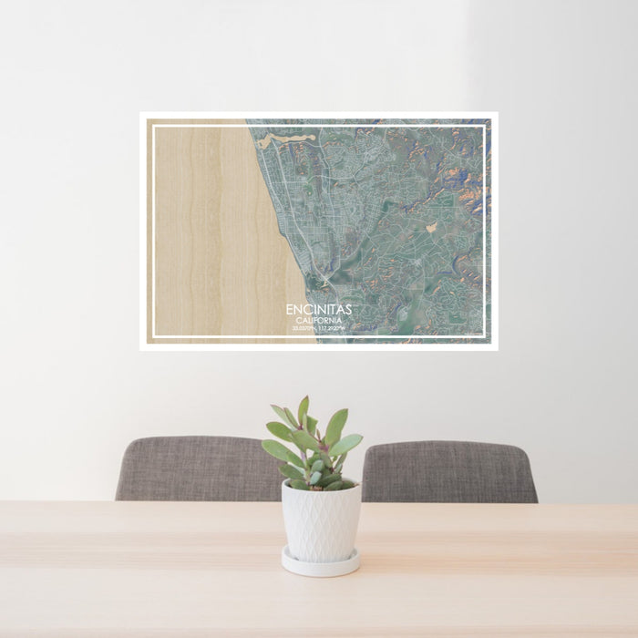 24x36 Encinitas California Map Print Lanscape Orientation in Afternoon Style Behind 2 Chairs Table and Potted Plant