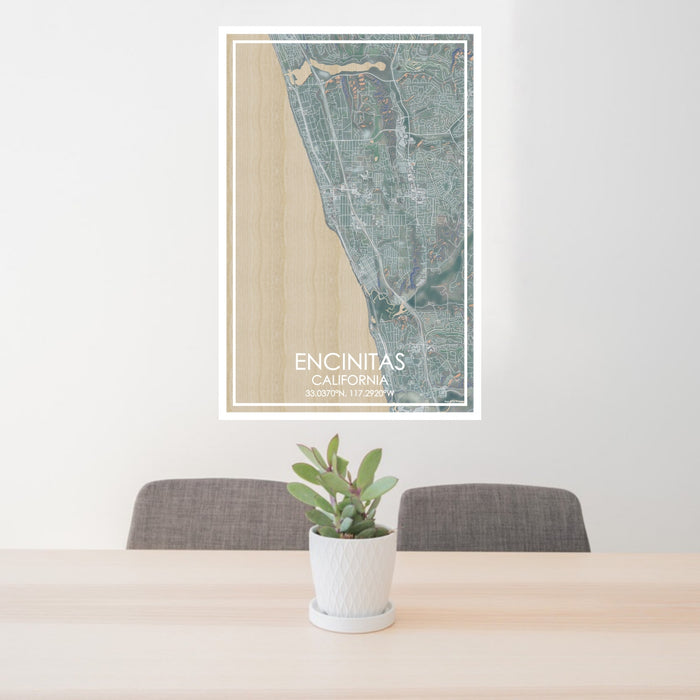 24x36 Encinitas California Map Print Portrait Orientation in Afternoon Style Behind 2 Chairs Table and Potted Plant