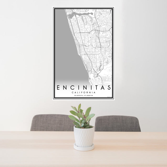 24x36 Encinitas California Map Print Portrait Orientation in Classic Style Behind 2 Chairs Table and Potted Plant
