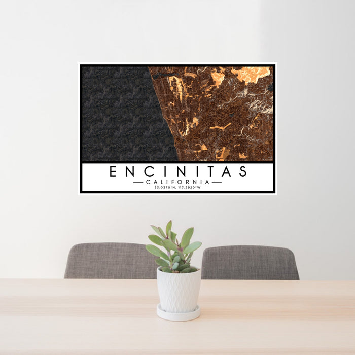 24x36 Encinitas California Map Print Lanscape Orientation in Ember Style Behind 2 Chairs Table and Potted Plant