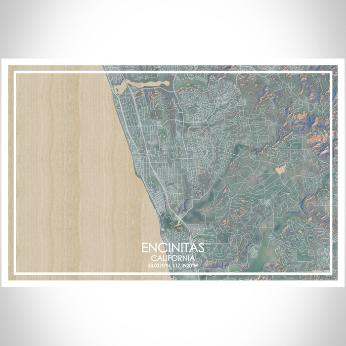 Encinitas California Map Print Landscape Orientation in Afternoon Style With Shaded Background