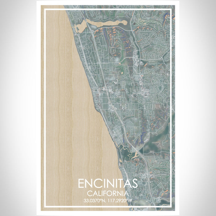 Encinitas California Map Print Portrait Orientation in Afternoon Style With Shaded Background