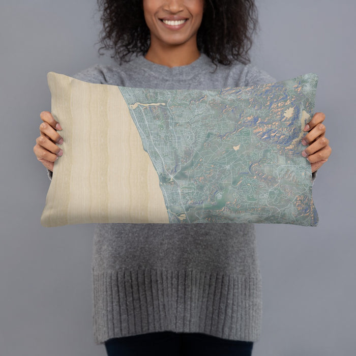 Person holding 20x12 Custom Encinitas California Map Throw Pillow in Afternoon