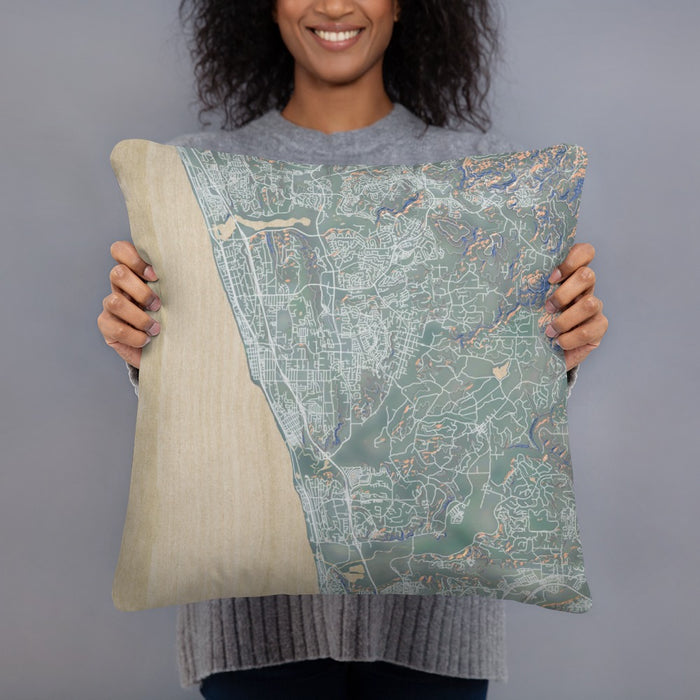 Person holding 18x18 Custom Encinitas California Map Throw Pillow in Afternoon
