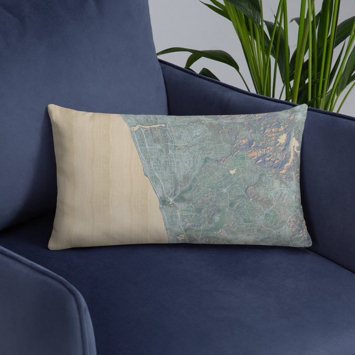 Custom Encinitas California Map Throw Pillow in Afternoon on Blue Colored Chair
