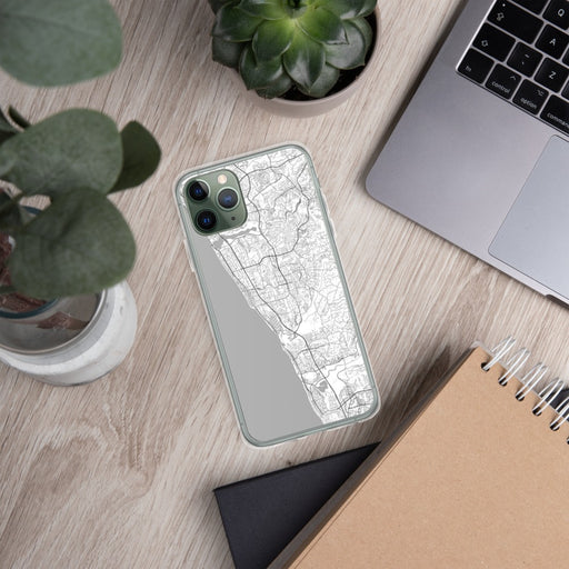 Custom Encinitas California Map Phone Case in Classic on Table with Laptop and Plant
