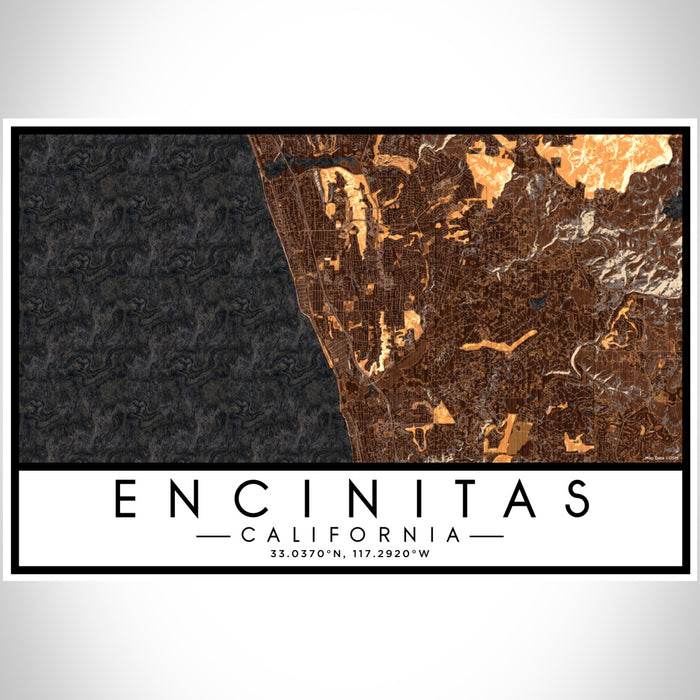 Encinitas California Map Print Landscape Orientation in Ember Style With Shaded Background