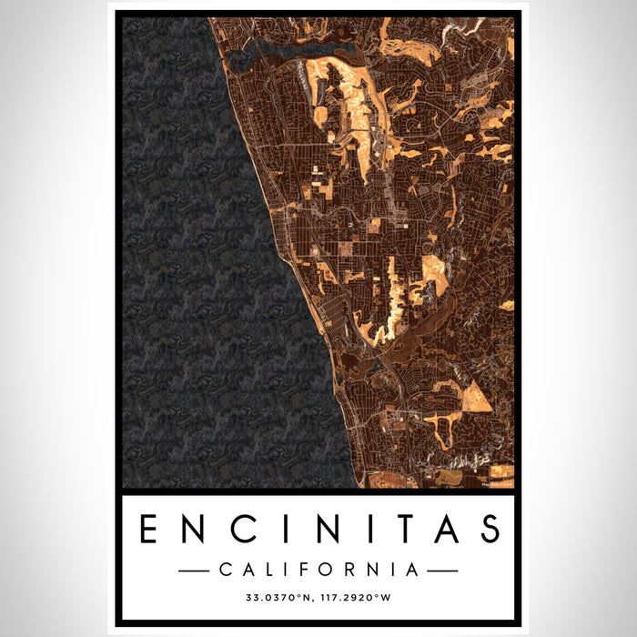 Encinitas California Map Print Portrait Orientation in Ember Style With Shaded Background