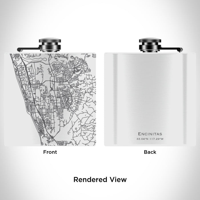 Rendered View of Encinitas California Map Engraving on 6oz Stainless Steel Flask in White