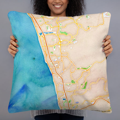 Person holding 22x22 Custom Encinitas California Map Throw Pillow in Watercolor