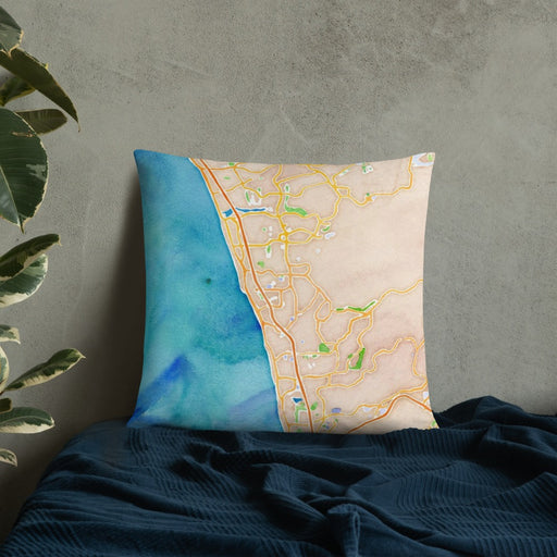 Custom Encinitas California Map Throw Pillow in Watercolor on Bedding Against Wall