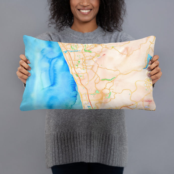 Person holding 20x12 Custom Encinitas California Map Throw Pillow in Watercolor