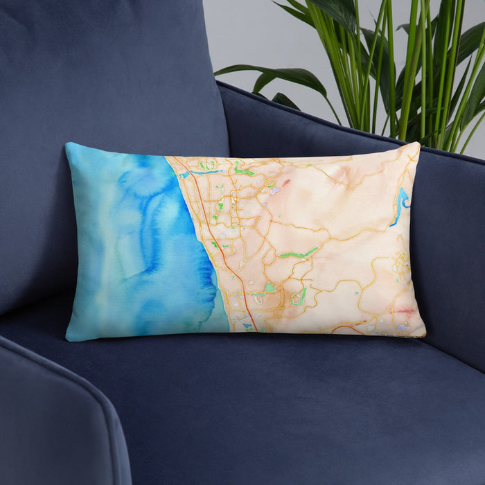 Custom Encinitas California Map Throw Pillow in Watercolor on Blue Colored Chair