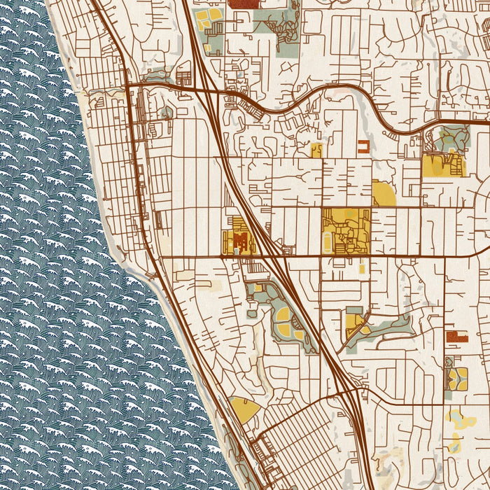 Encinitas California Map Print in Woodblock Style Zoomed In Close Up Showing Details