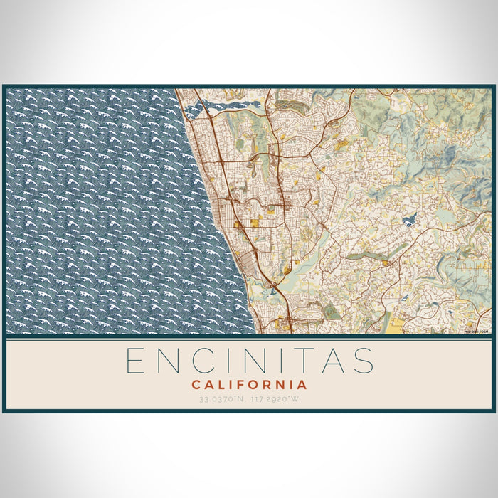 Encinitas California Map Print Landscape Orientation in Woodblock Style With Shaded Background