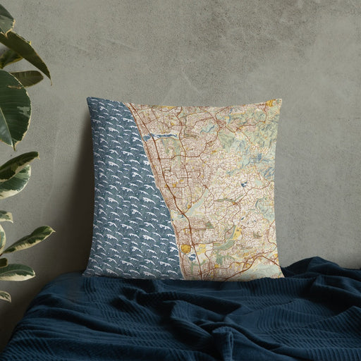 Custom Encinitas California Map Throw Pillow in Woodblock on Bedding Against Wall