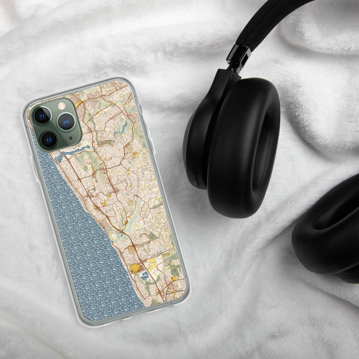 Custom Encinitas California Map Phone Case in Woodblock on Table with Black Headphones