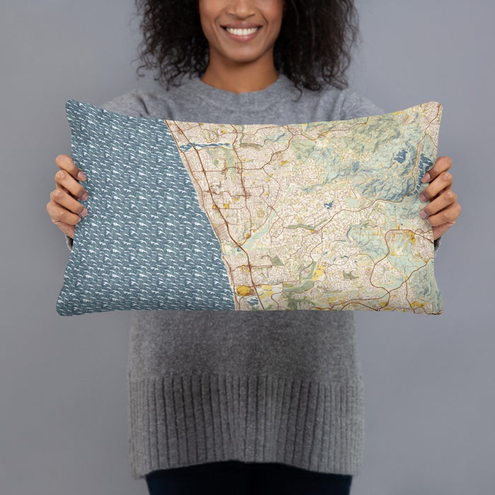 Person holding 20x12 Custom Encinitas California Map Throw Pillow in Woodblock