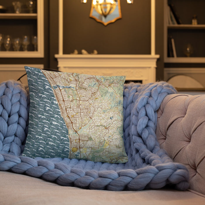 Custom Encinitas California Map Throw Pillow in Woodblock on Cream Colored Couch