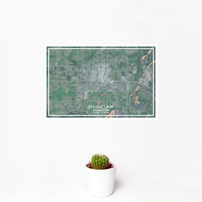 12x18 Enumclaw Washington Map Print Landscape Orientation in Afternoon Style With Small Cactus Plant in White Planter