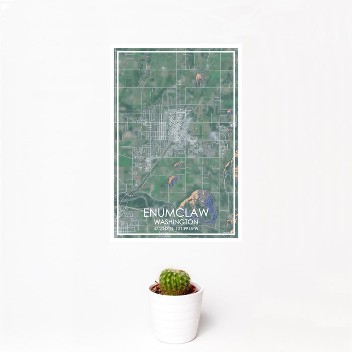 12x18 Enumclaw Washington Map Print Portrait Orientation in Afternoon Style With Small Cactus Plant in White Planter