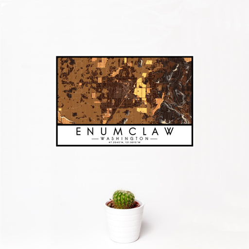 12x18 Enumclaw Washington Map Print Landscape Orientation in Ember Style With Small Cactus Plant in White Planter