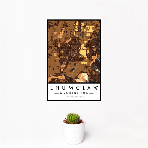 12x18 Enumclaw Washington Map Print Portrait Orientation in Ember Style With Small Cactus Plant in White Planter