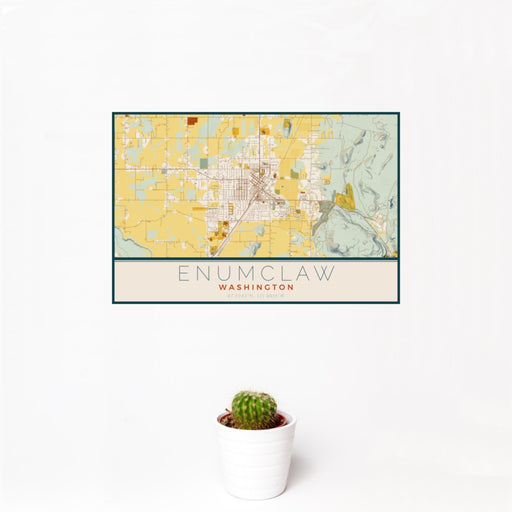 12x18 Enumclaw Washington Map Print Landscape Orientation in Woodblock Style With Small Cactus Plant in White Planter