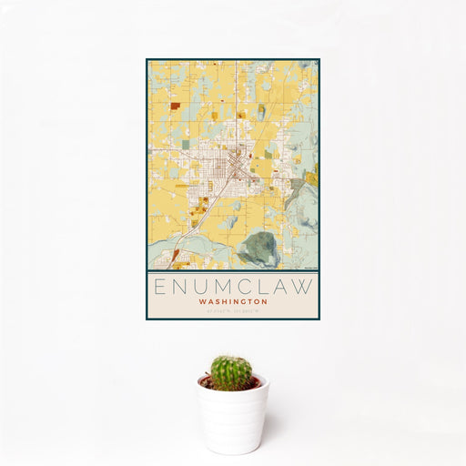 12x18 Enumclaw Washington Map Print Portrait Orientation in Woodblock Style With Small Cactus Plant in White Planter
