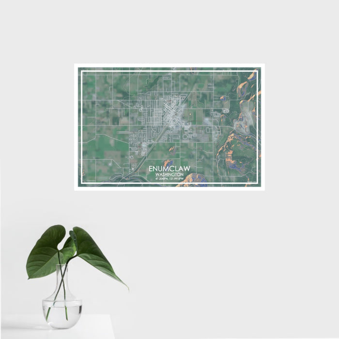 16x24 Enumclaw Washington Map Print Landscape Orientation in Afternoon Style With Tropical Plant Leaves in Water