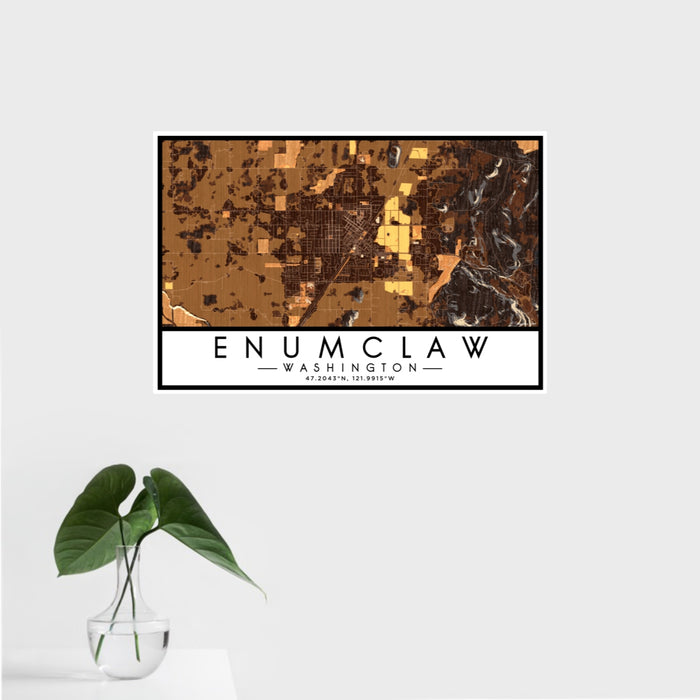 16x24 Enumclaw Washington Map Print Landscape Orientation in Ember Style With Tropical Plant Leaves in Water