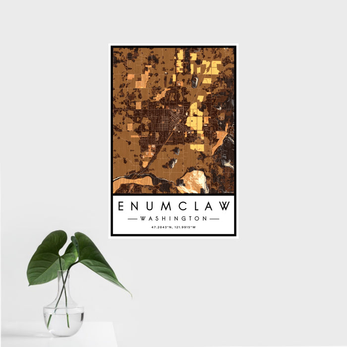 16x24 Enumclaw Washington Map Print Portrait Orientation in Ember Style With Tropical Plant Leaves in Water