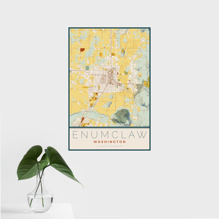 16x24 Enumclaw Washington Map Print Portrait Orientation in Woodblock Style With Tropical Plant Leaves in Water