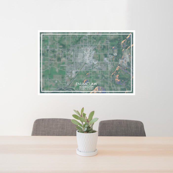 24x36 Enumclaw Washington Map Print Lanscape Orientation in Afternoon Style Behind 2 Chairs Table and Potted Plant