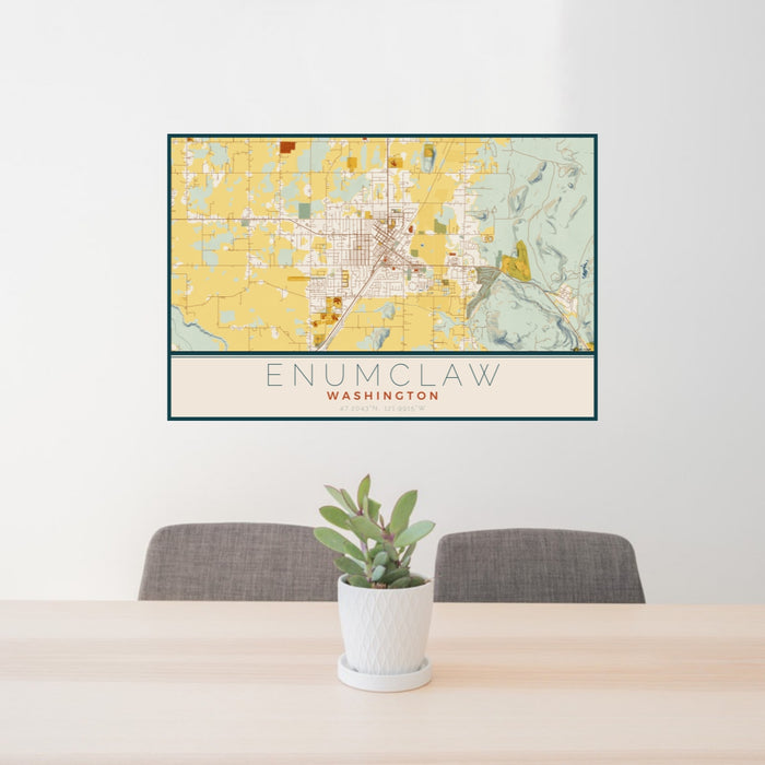 24x36 Enumclaw Washington Map Print Lanscape Orientation in Woodblock Style Behind 2 Chairs Table and Potted Plant