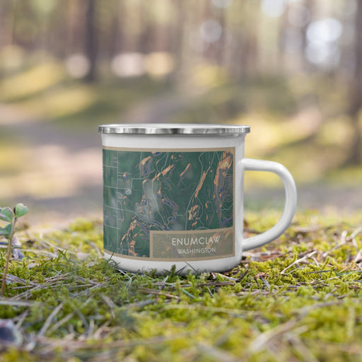 Right View Custom Enumclaw Washington Map Enamel Mug in Afternoon on Grass With Trees in Background