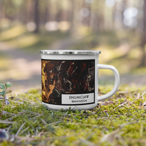 Right View Custom Enumclaw Washington Map Enamel Mug in Ember on Grass With Trees in Background
