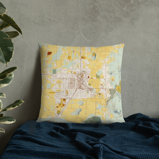 Custom Enumclaw Washington Map Throw Pillow in Woodblock on Bedding Against Wall