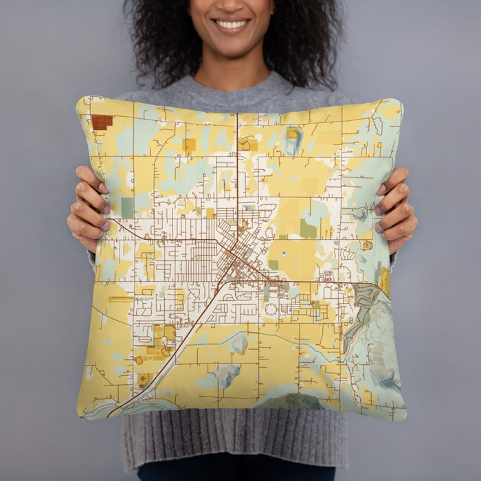 Person holding 18x18 Custom Enumclaw Washington Map Throw Pillow in Woodblock