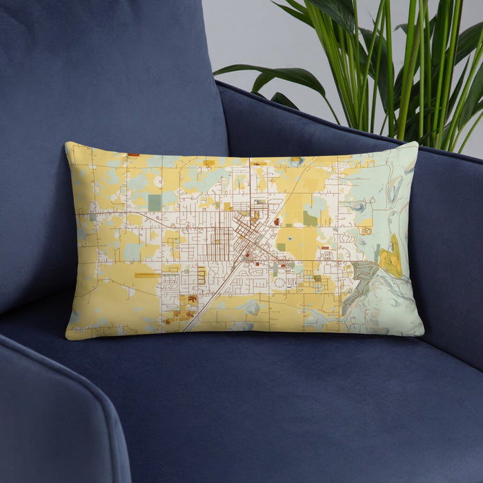 Custom Enumclaw Washington Map Throw Pillow in Woodblock on Blue Colored Chair