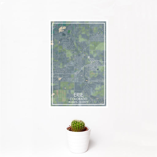 12x18 Erie Colorado Map Print Portrait Orientation in Afternoon Style With Small Cactus Plant in White Planter