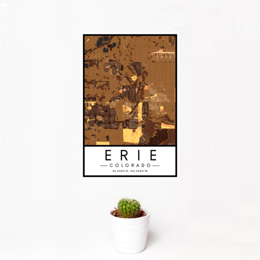 12x18 Erie Colorado Map Print Portrait Orientation in Ember Style With Small Cactus Plant in White Planter
