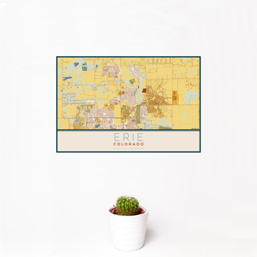 12x18 Erie Colorado Map Print Landscape Orientation in Woodblock Style With Small Cactus Plant in White Planter
