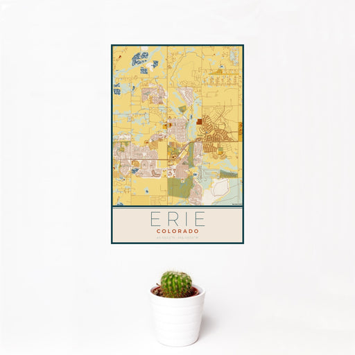 12x18 Erie Colorado Map Print Portrait Orientation in Woodblock Style With Small Cactus Plant in White Planter